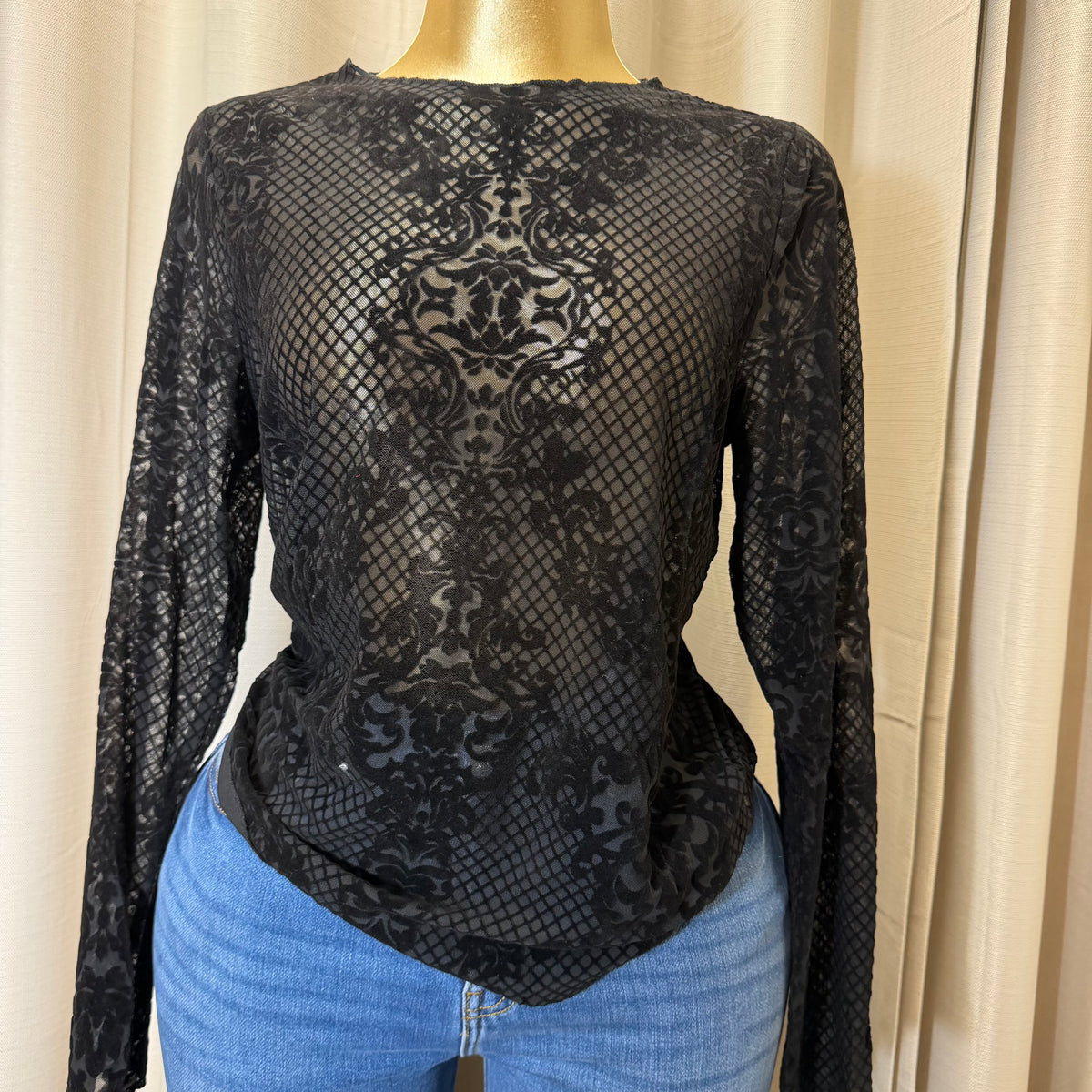 PL-Flocked Mesh Long sleeve Top-Black