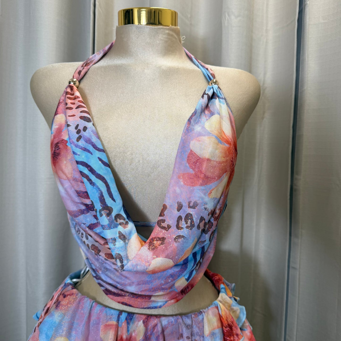 Cowl Neck Top and Mini Skirt-Blue