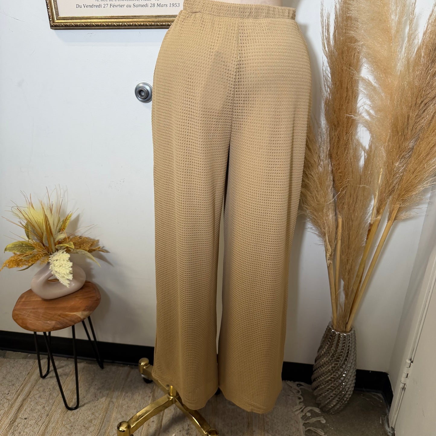 Waffle Knit Seashell Trim Top Wide leg Pant Set-Taupe