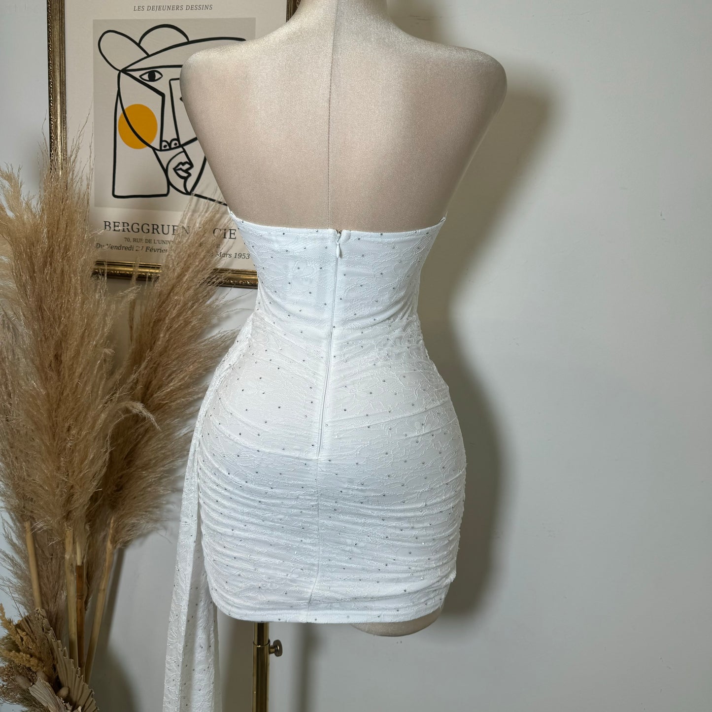STUDD HOTFIX REGISTERED LACE STRAPLESS MINI BODYCON DRESS-White