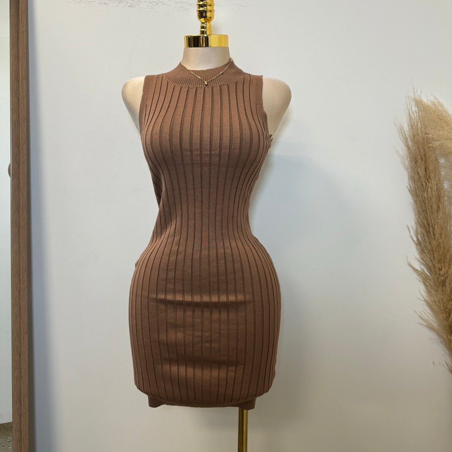 Turtle Neck Sleeveless Sweater Dress-Brown