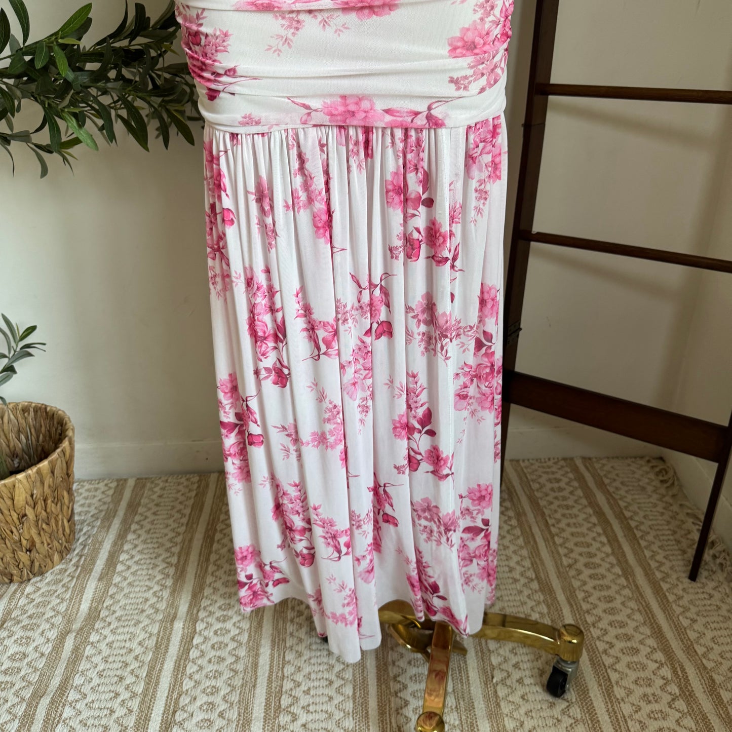One Shoulder Mesh Maxi Dress-Pink/White