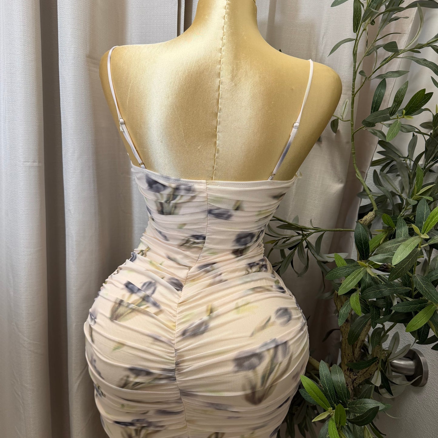 Romantic Floral Cowl neck  Mesh Ruched Midi Dress-Cream Multi