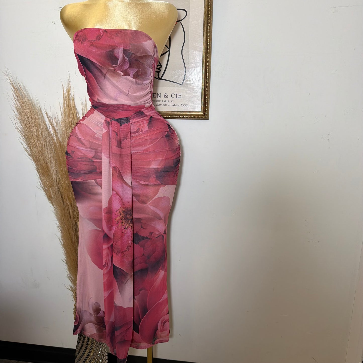 Big Flower Mesh Maxi Tube Dress-Magenta Combo