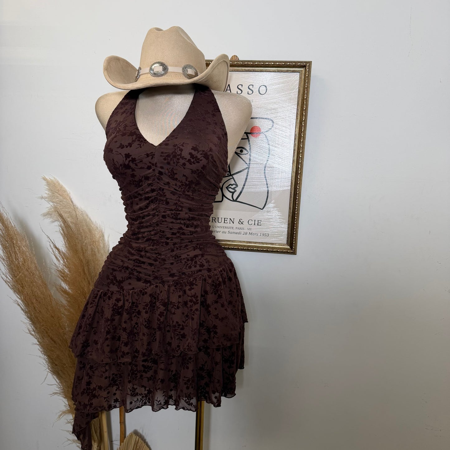 Halter Flower Print Dress-Brown