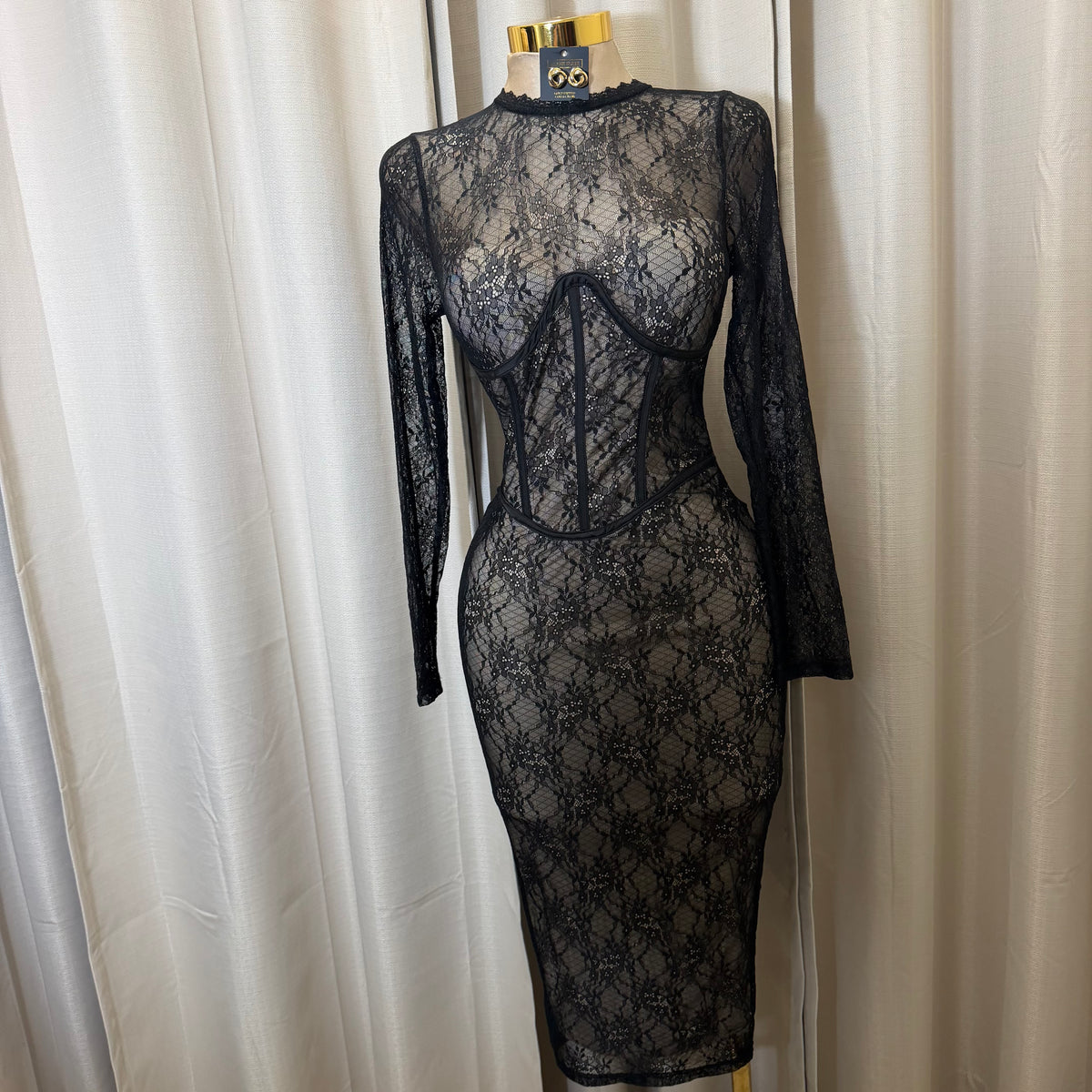 Lace  Long sleeve Sleeve Corset  Midi Dress-Black