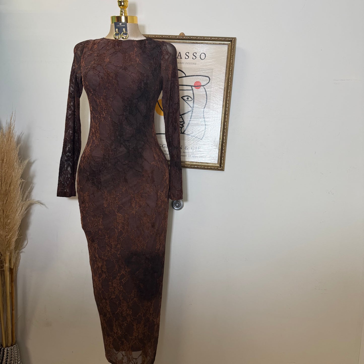 Tie Back Burnout Mesh Print Long Sleeve Maxi Dress-chocolate