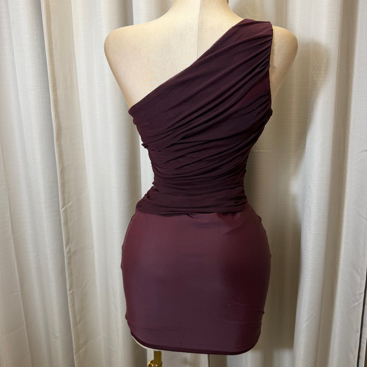 Nylon Yoga Knit with Mesh one shoulder Draped Bodycon Mini dress-Plum