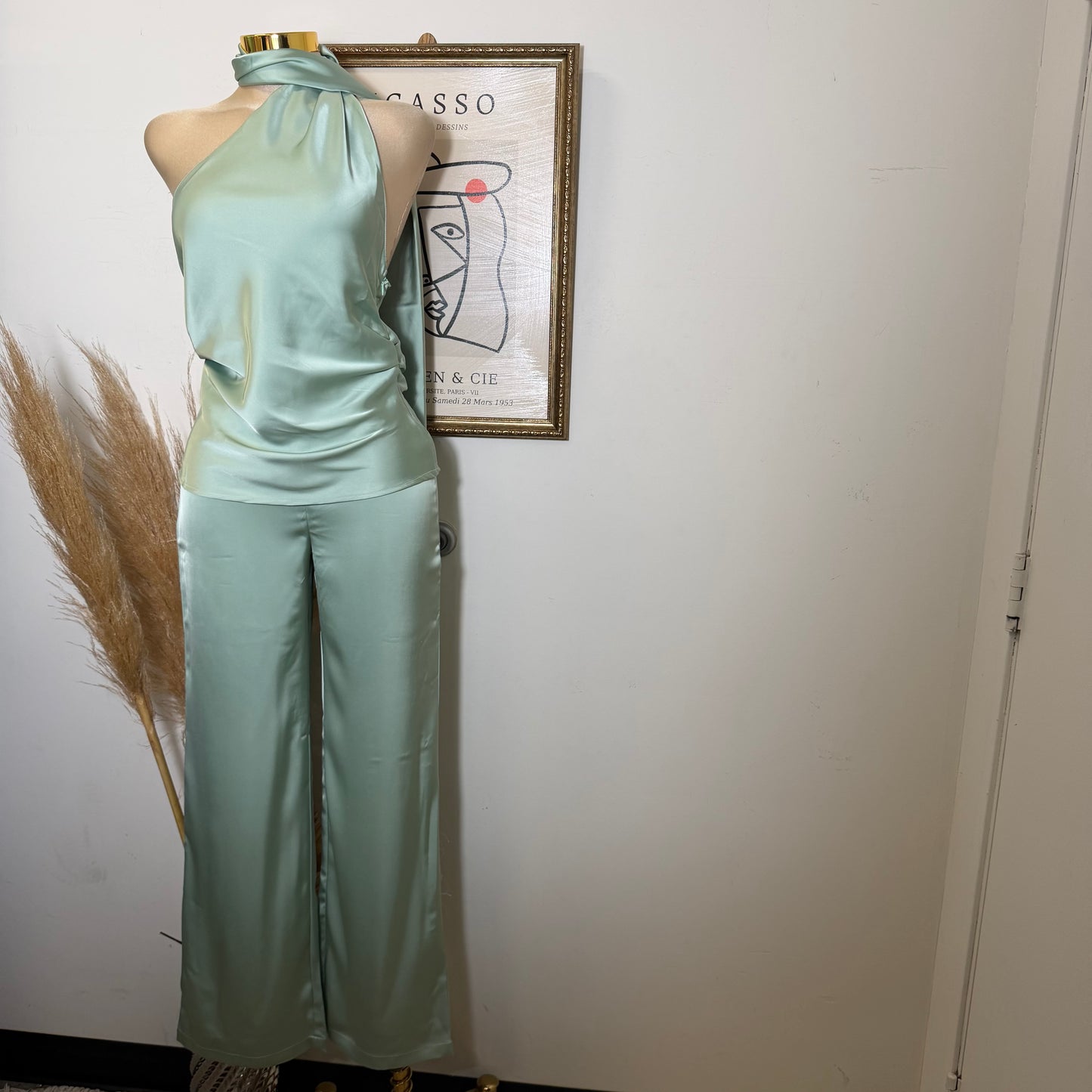 Satin Asymmetrical Scarf Halter Rcuhed Top Zipper Pants set