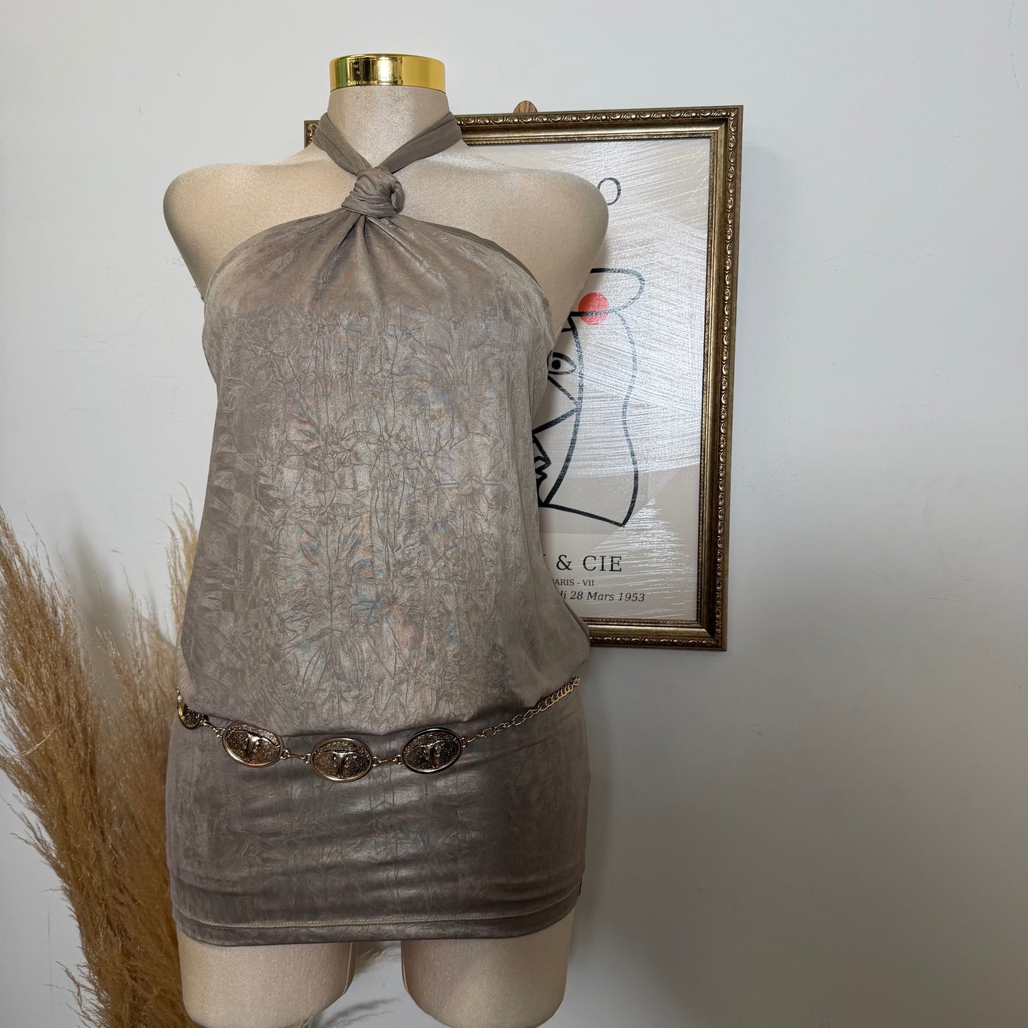 Knot Halter Blouson Bodycon Mini Dress-Mud