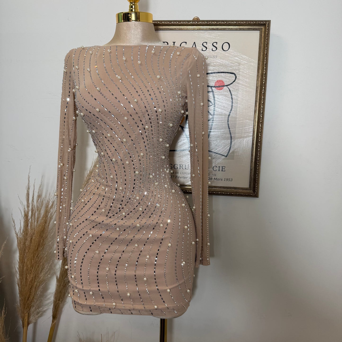 Rhinestone Trim Wave Pearl On Power Mesh Mini Dress-Nude