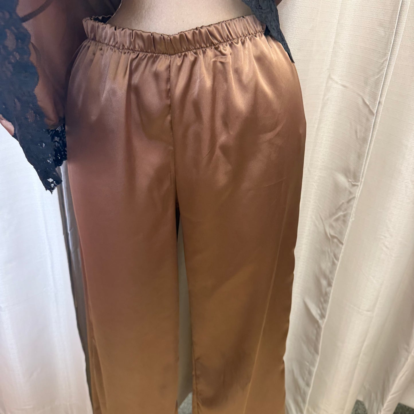 Asymmetrical Lace Top and Satin Pant Set-Brown
