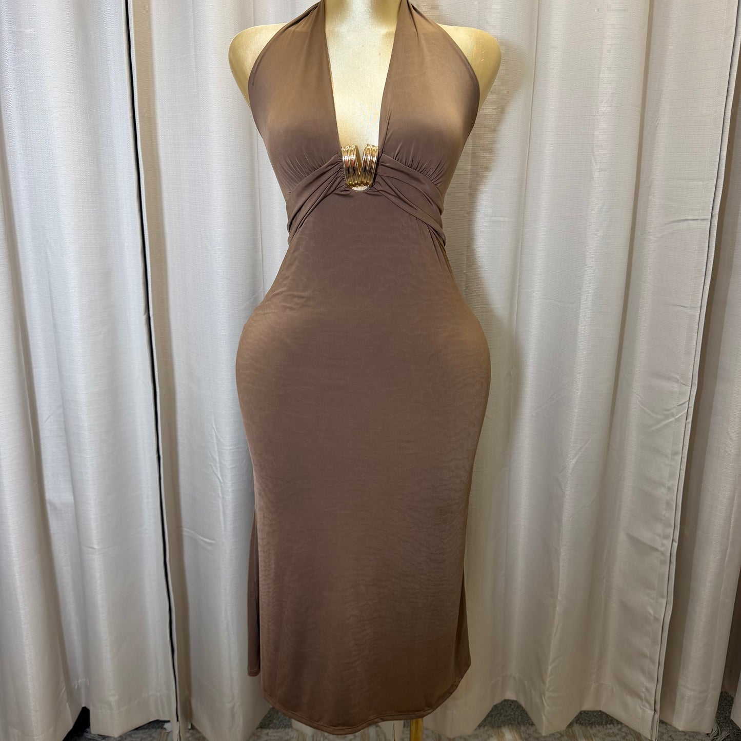 PL-Halter Midi Dress-Brown
