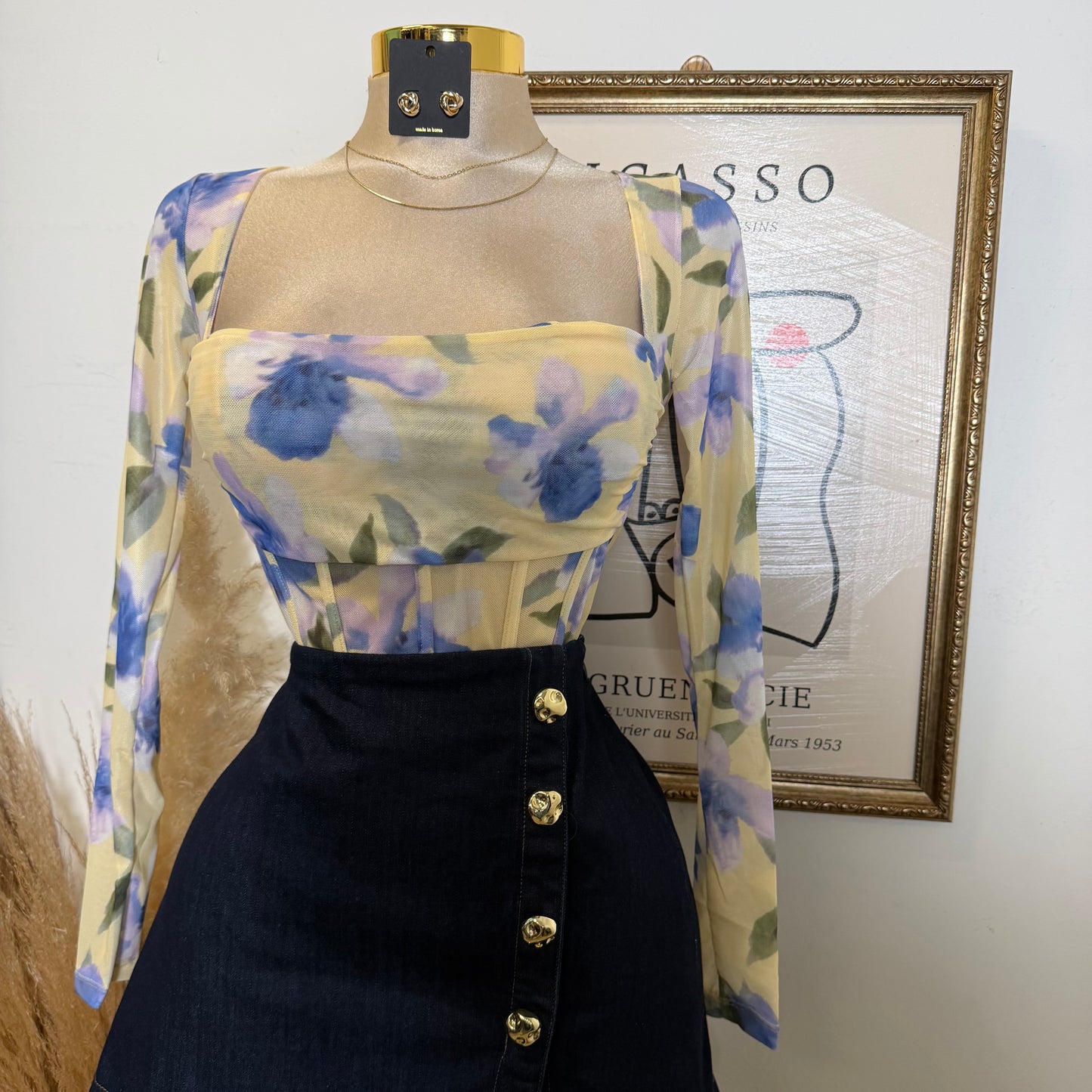 Long Sleeve Mesh Corset Top with Sewn bra Cups-Flower Print Yellow