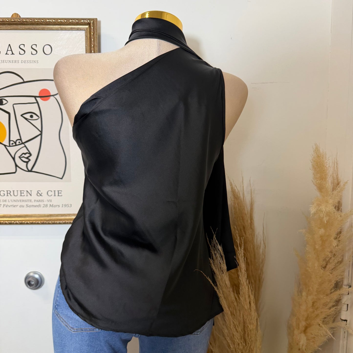 One Shoulder Satin Top w/ Scarf Detail-Black