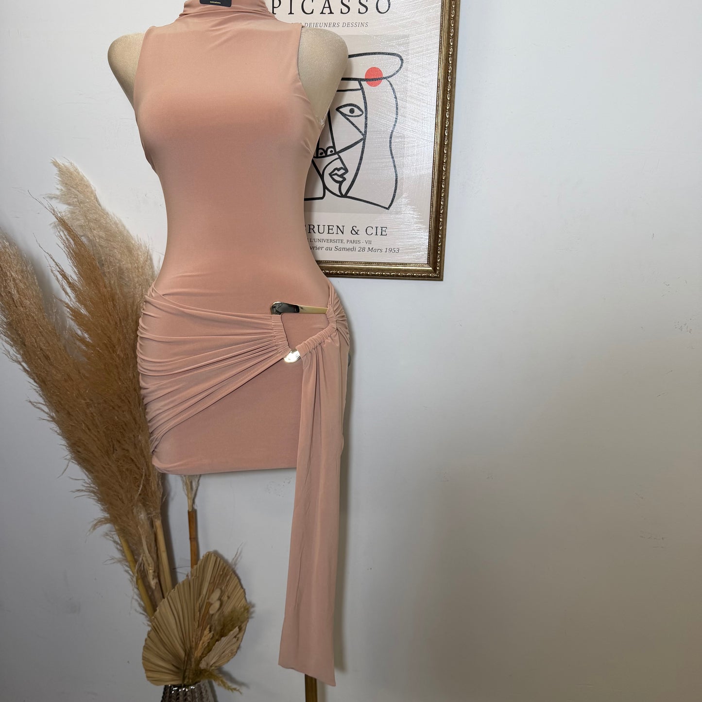 Mock Neck Front Sash With Trim Detail Mini Dress-Nude