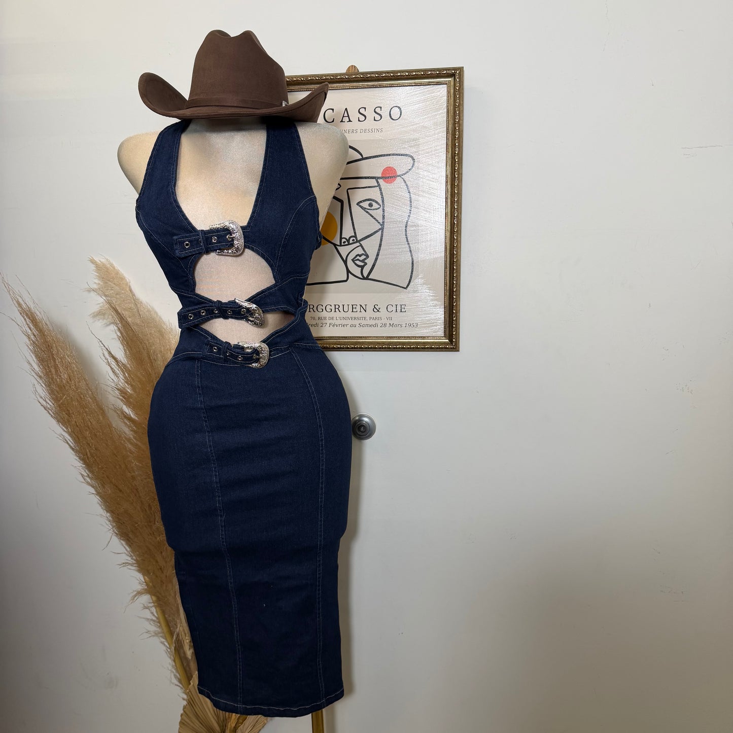 Buckle Detail Midi Dress-Navy