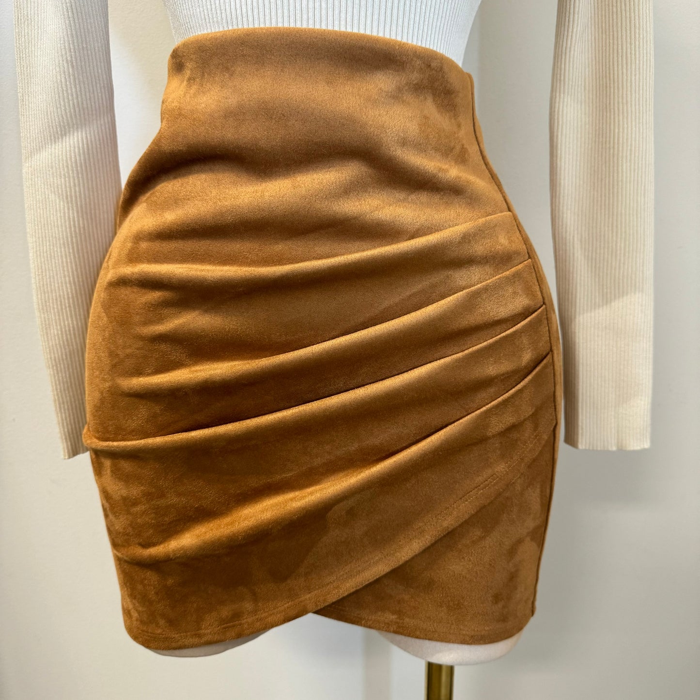 Side Ruched Faux Suede Mini  Skirt-Camel