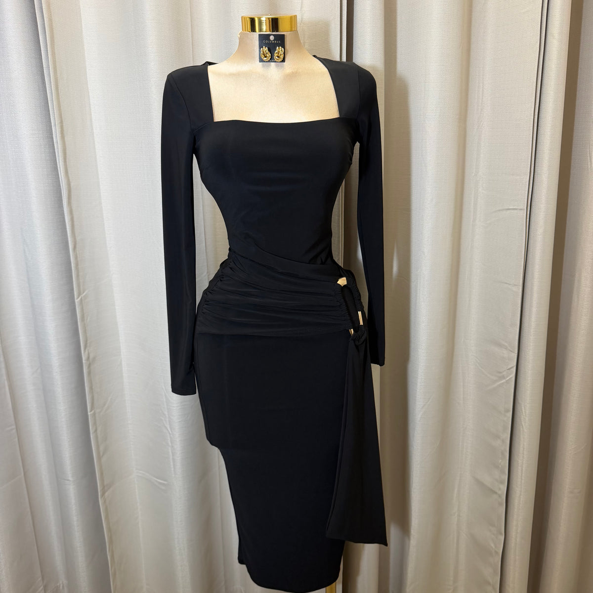 Square Neck Gold Trim Midi Dress-Black