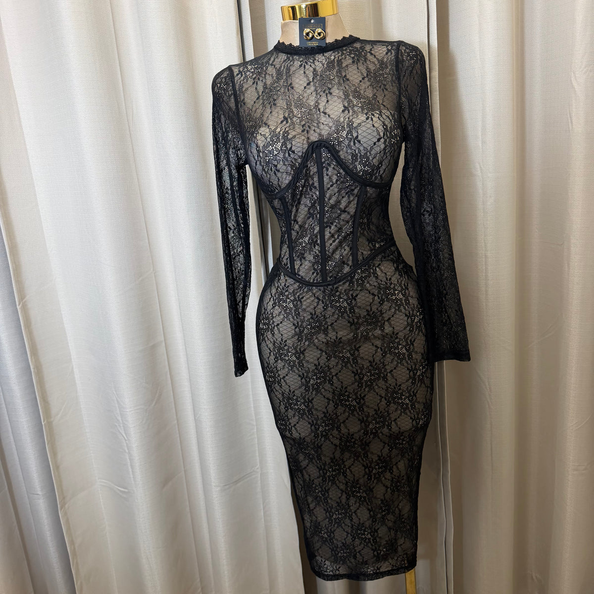 Lace  Long sleeve Sleeve Corset  Midi Dress-Black