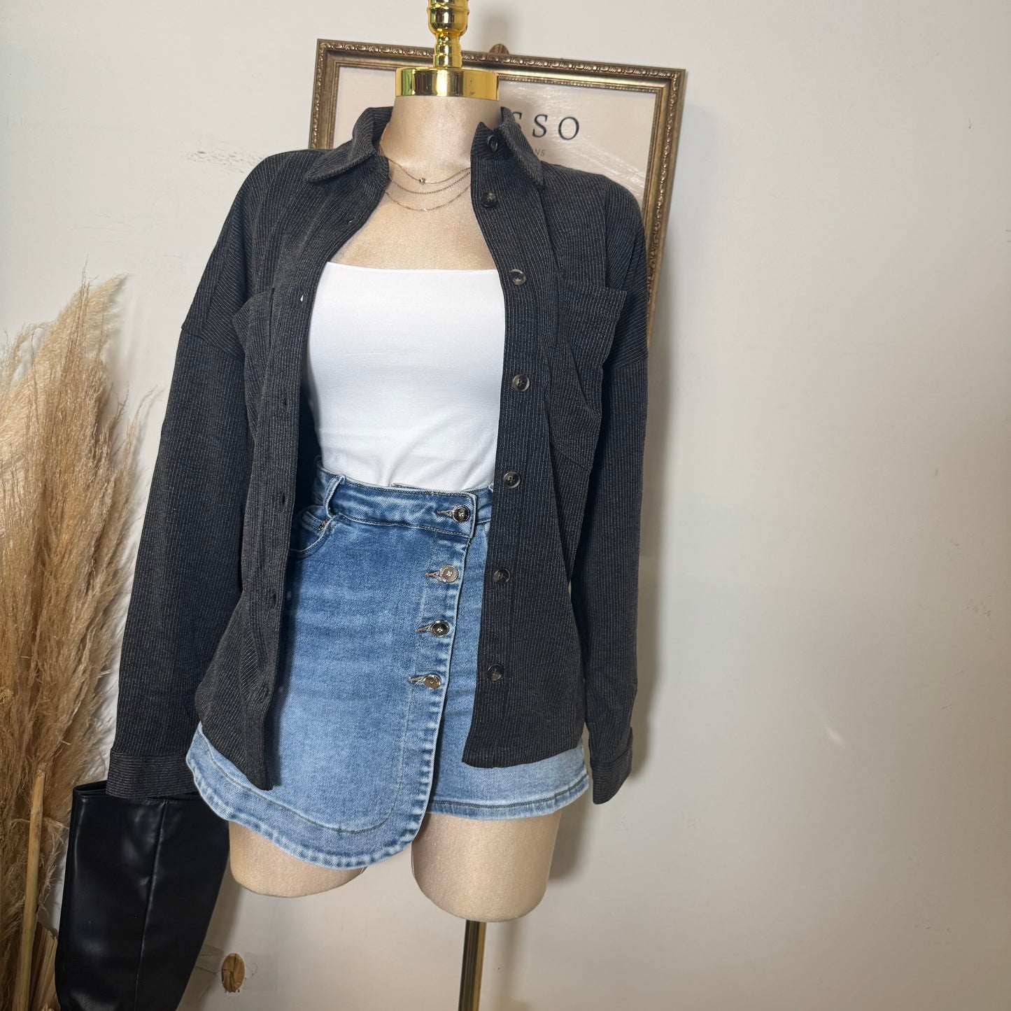 Oversized Pinstripe Collared Button Down Shacket-Charcoal