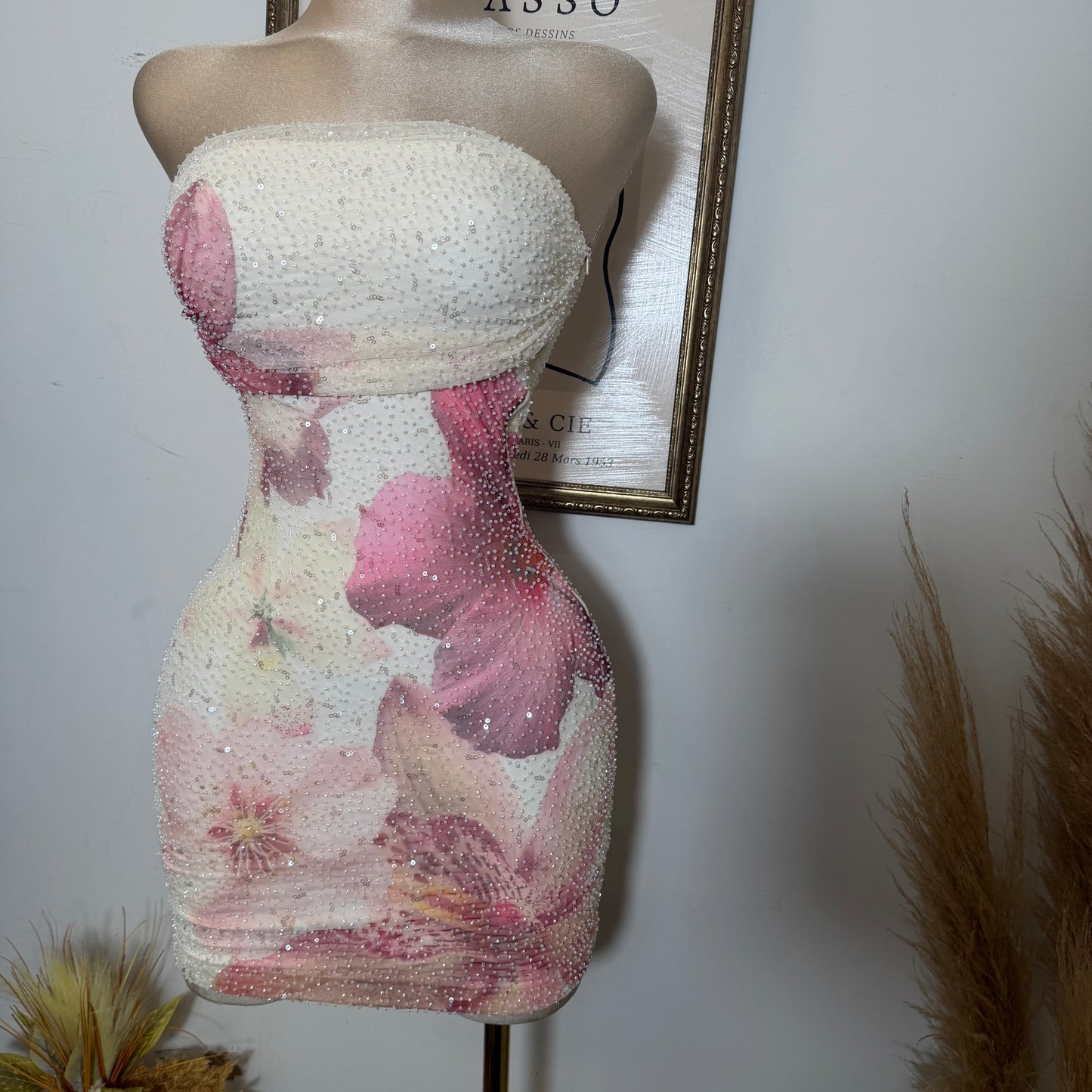 Tropicana Big flower Print Mesh W/ Beads Tube Mini Dress-Cream/Pink