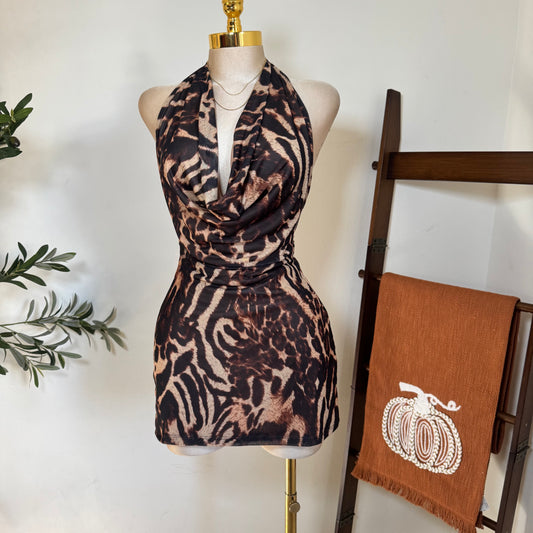 Halter Mesh Dress-Cheetah