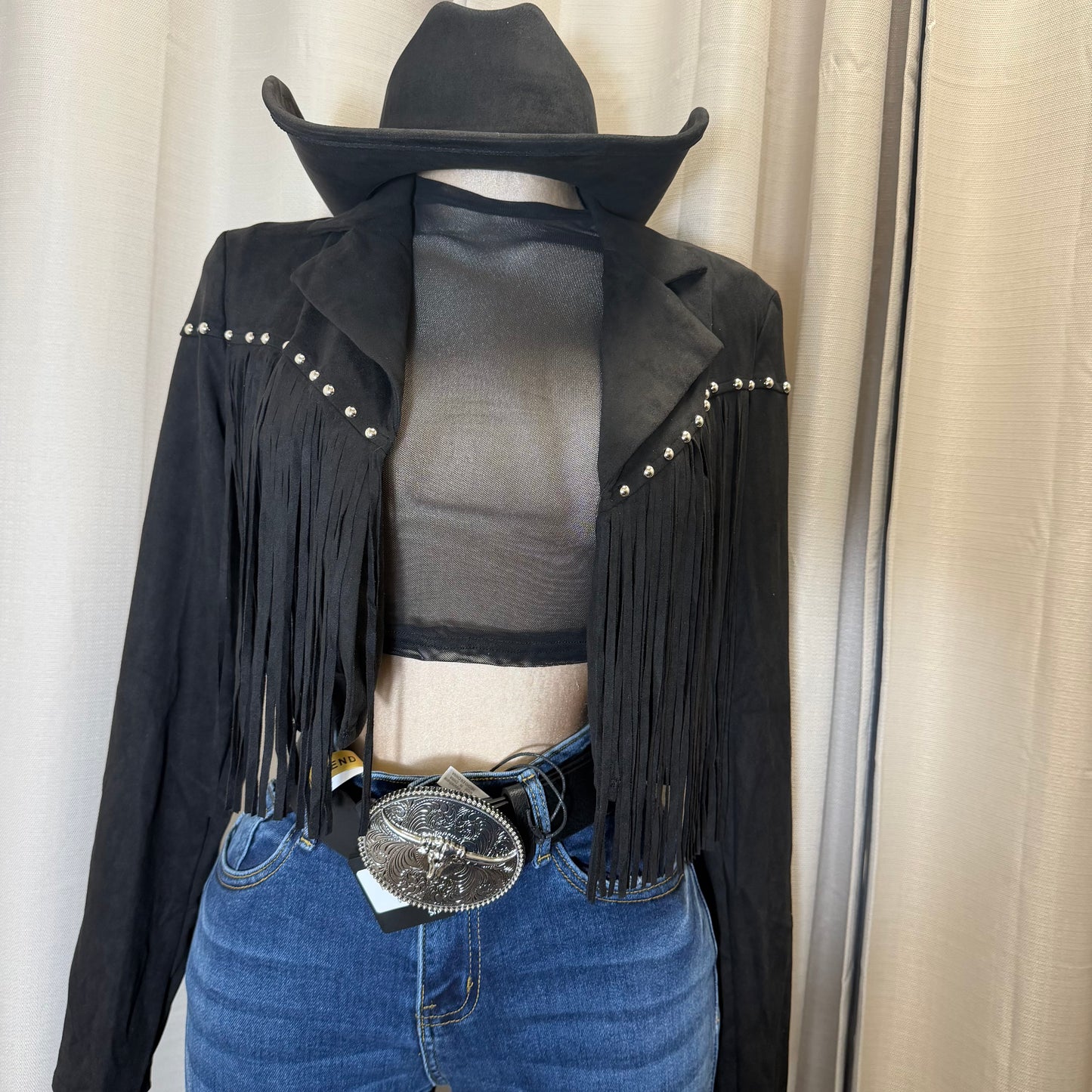 Suede Fringe Stud Jacket-Black