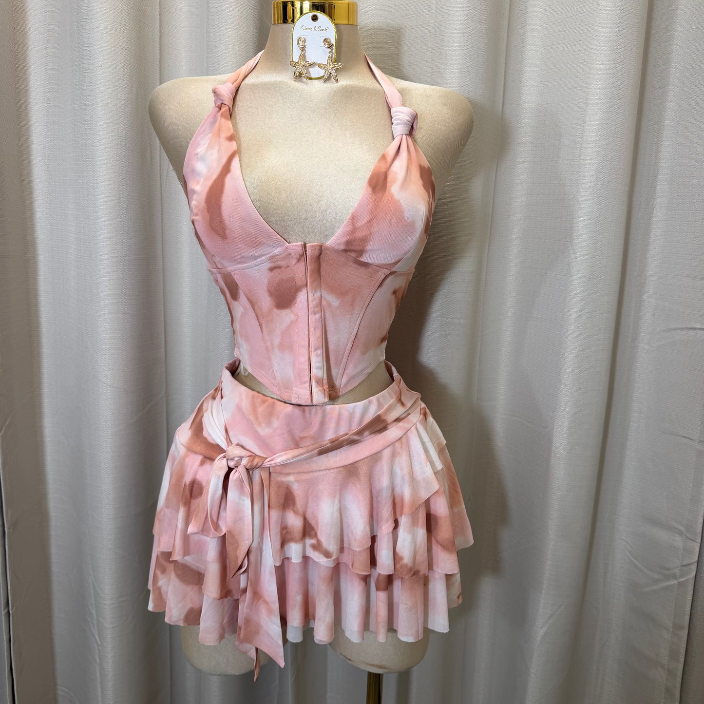 Halter Pink Corset Skirt Set-Baby Pink