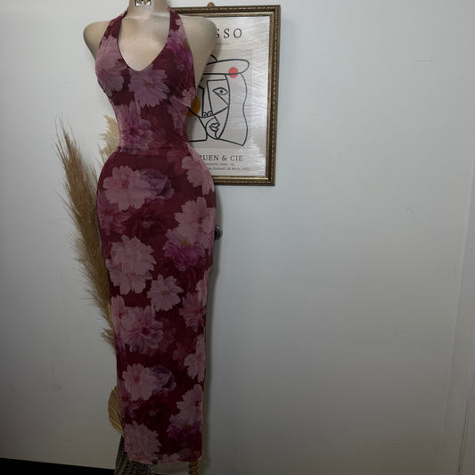 Mesh Print Halter Neck Back slit Maxi Dress-Mauve