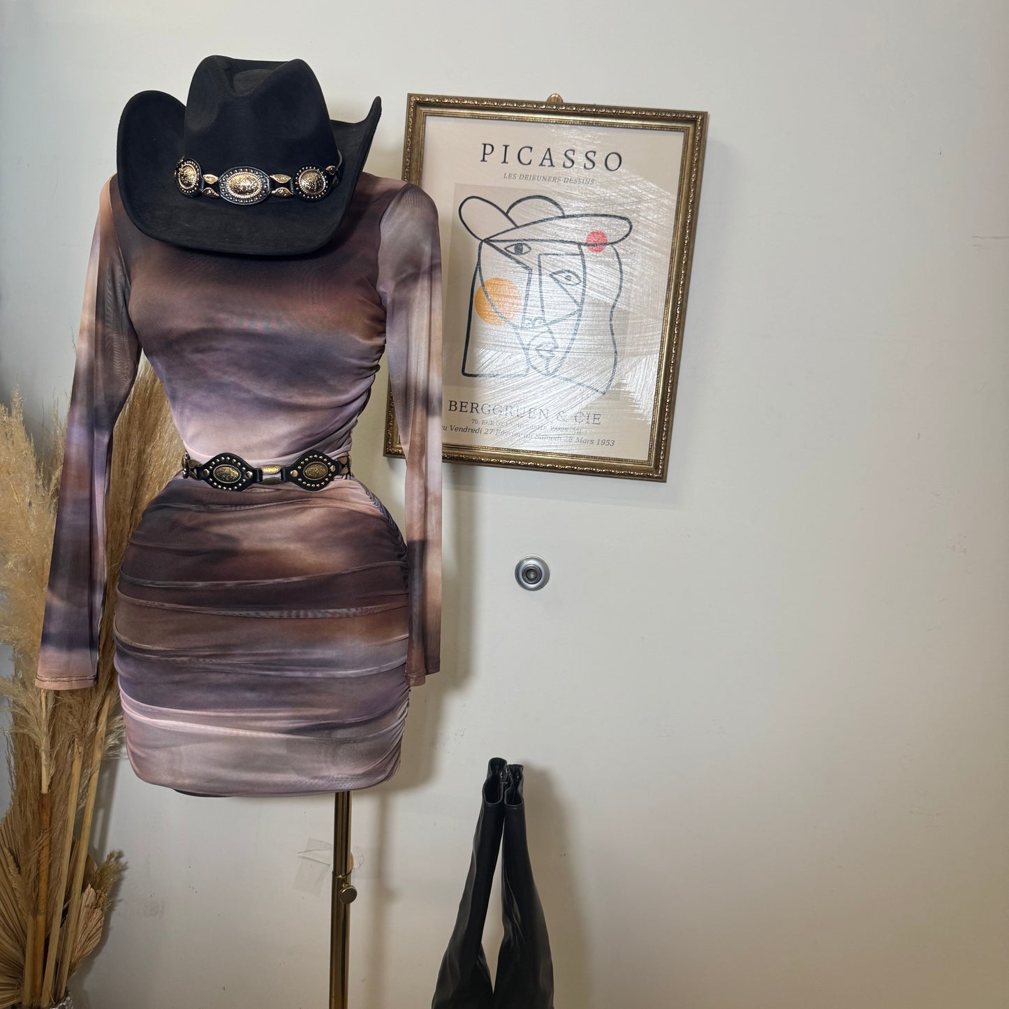 Multi Colored Mesh Long Sleeve Mini Dress-Brown Combo