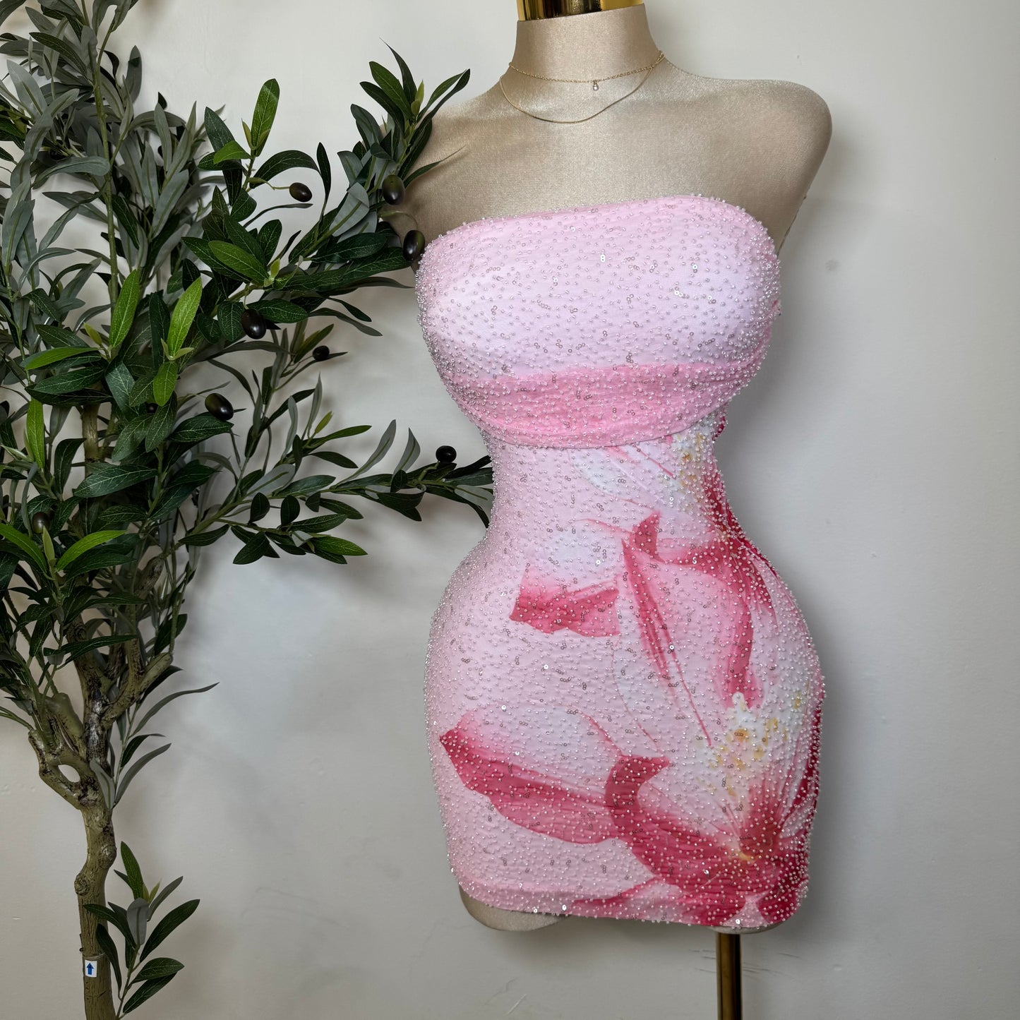 Tropicoqueta Mesh with Beads Floral Print Tube Dress
