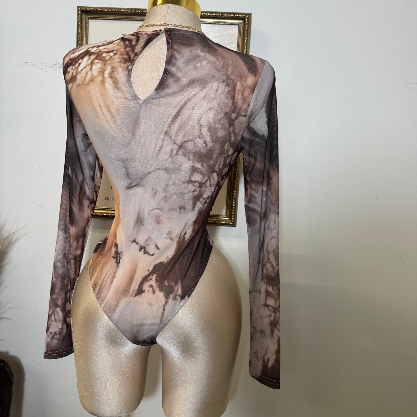 Round Neck Long sleeve Sleeve Bodysuit-Brown Multi