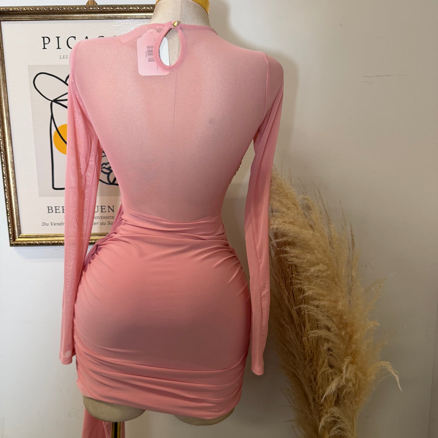 Solid Fabric with Mesh Match Mini Dress-Pink