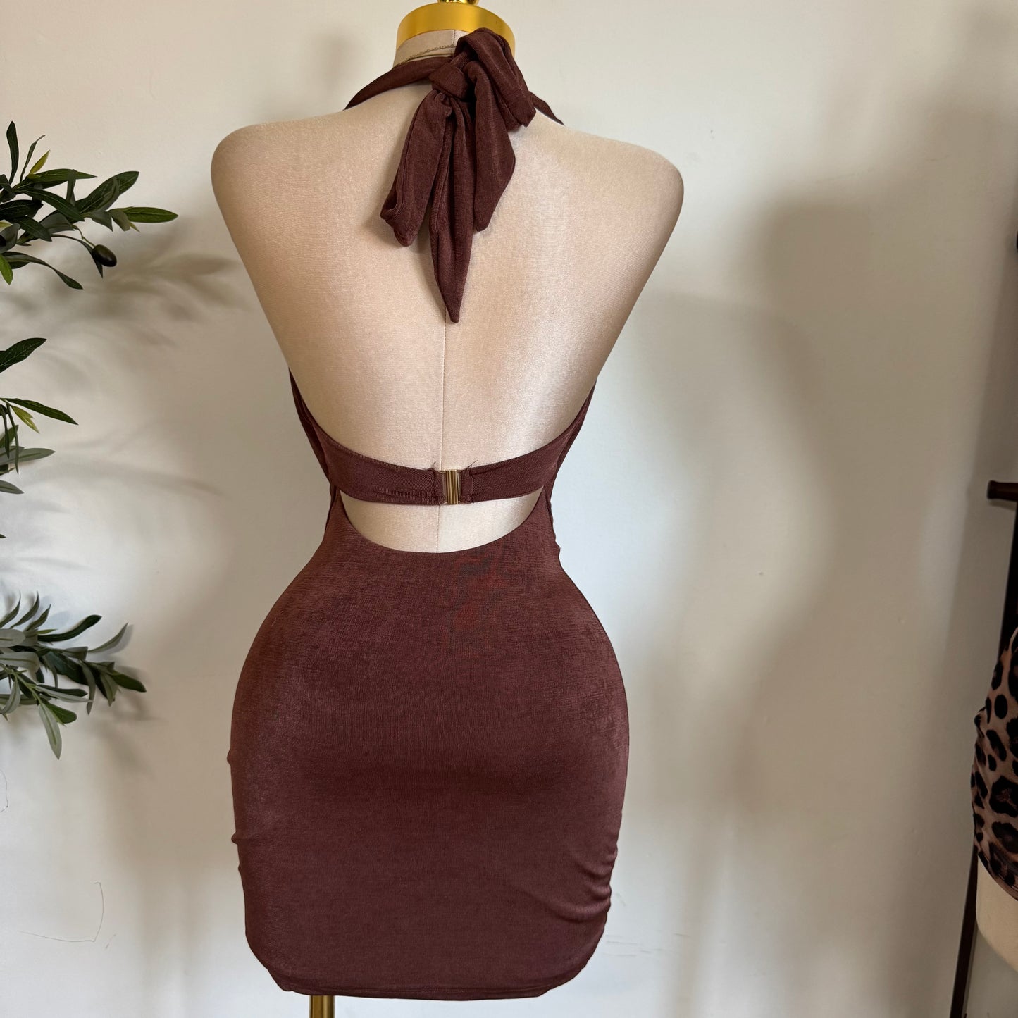 Cowl Halter Dress -Brown