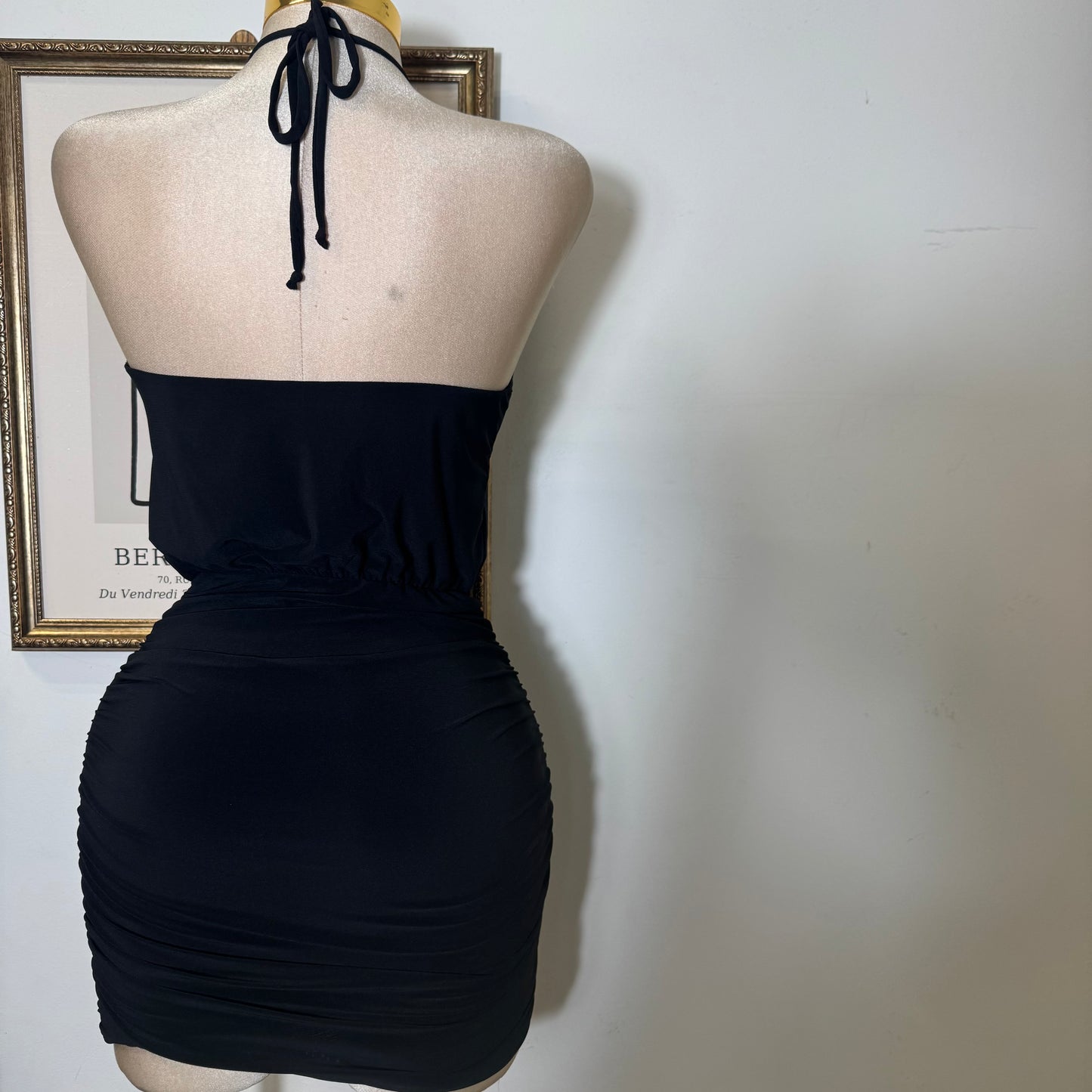 Halter With Gold Trim Mini Dress-Black