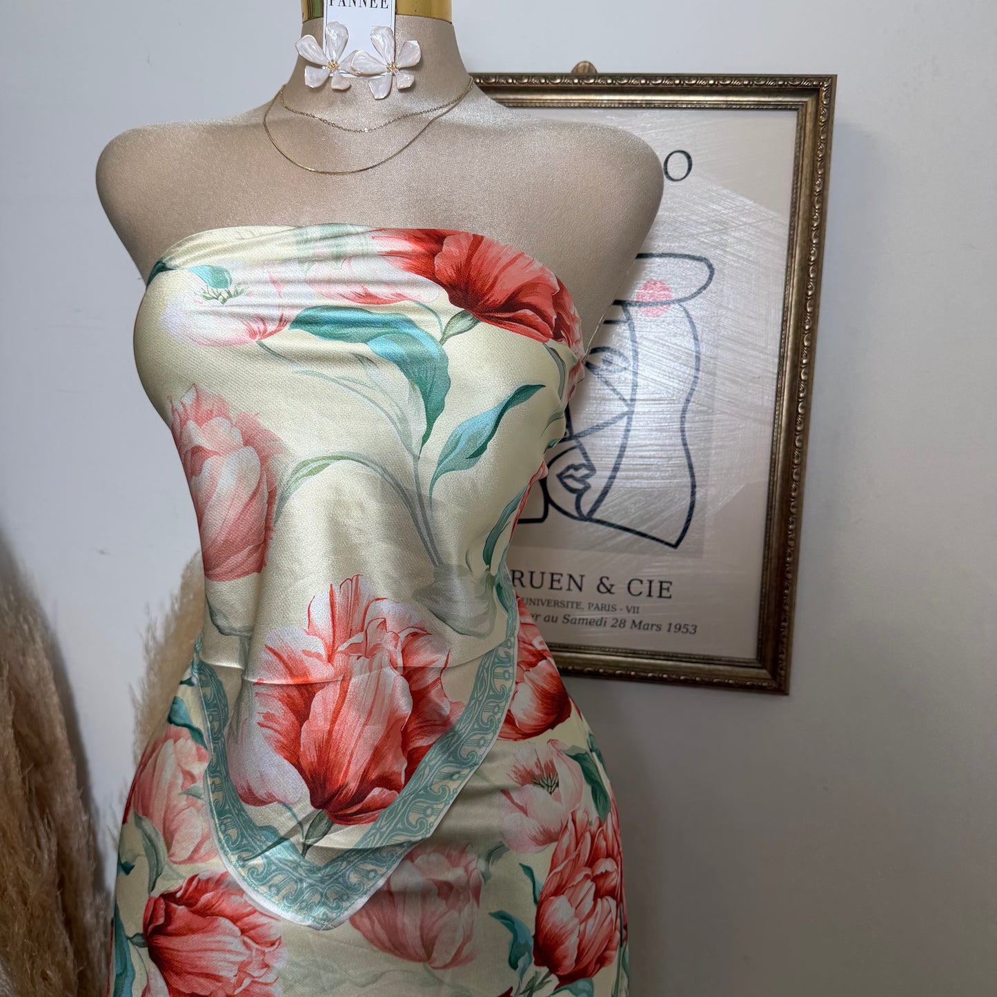 Floral strapless Satin Top and Maxi skirt set-Butter yellow