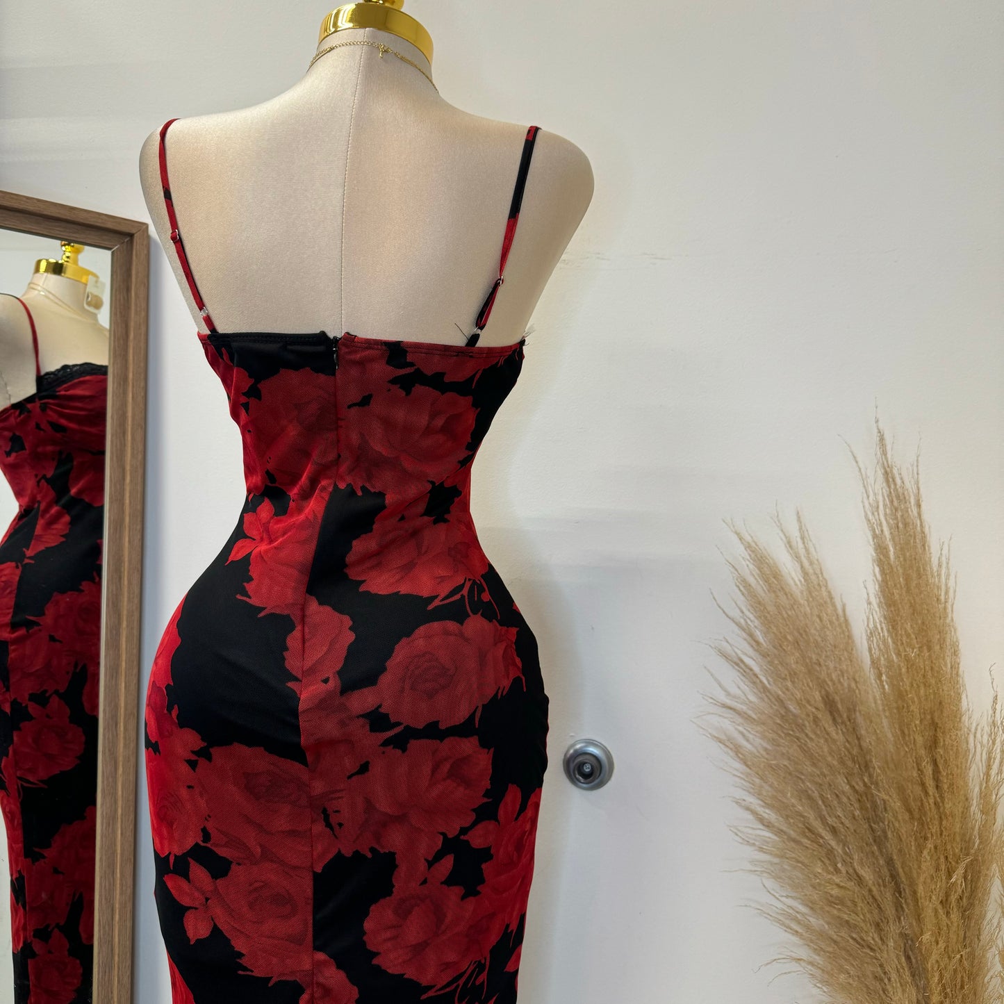 Rose Mesh Spaghetti Dress-Black/Red