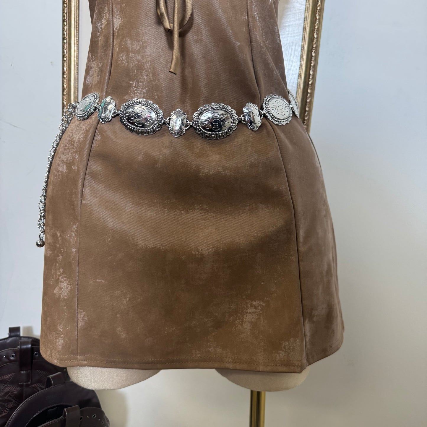 Front Gromment lace up Halter flare mini Dress-Camel