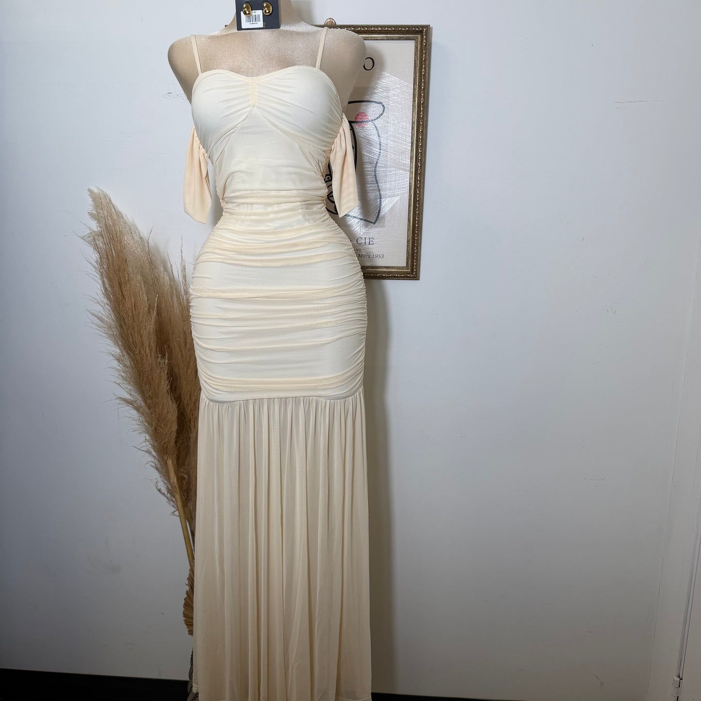 Ruched Long Maxi Dress-Cream