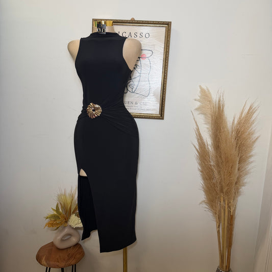 Sleeveless Front trim Midi Dress-black