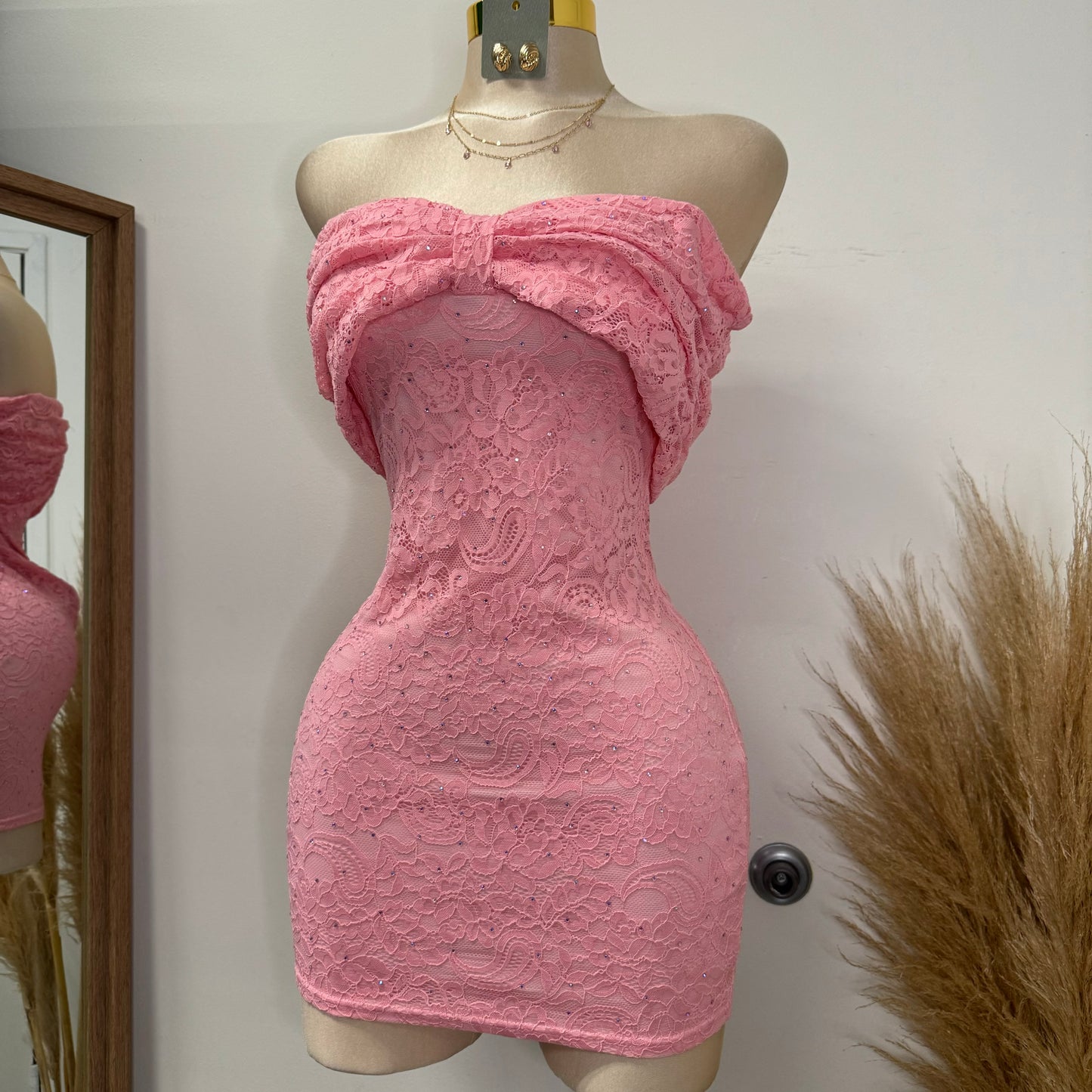 Bow Lace Rhinestone Dress-Pink