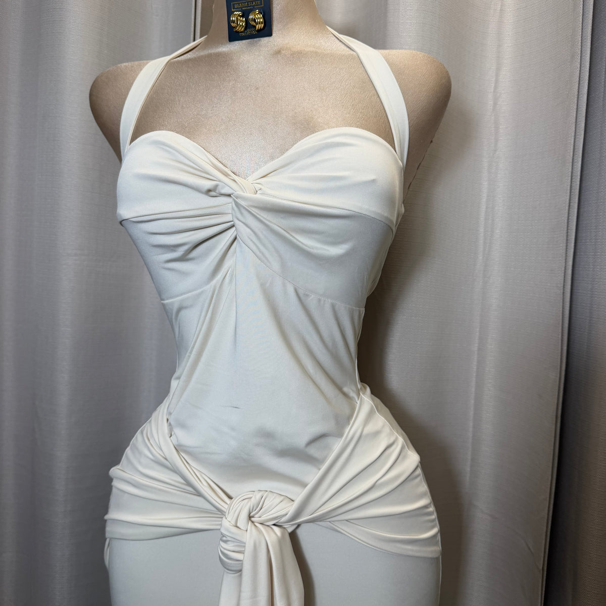 HALTER TWIST FRONT DRAPED MAXI DRESS-Cream/White