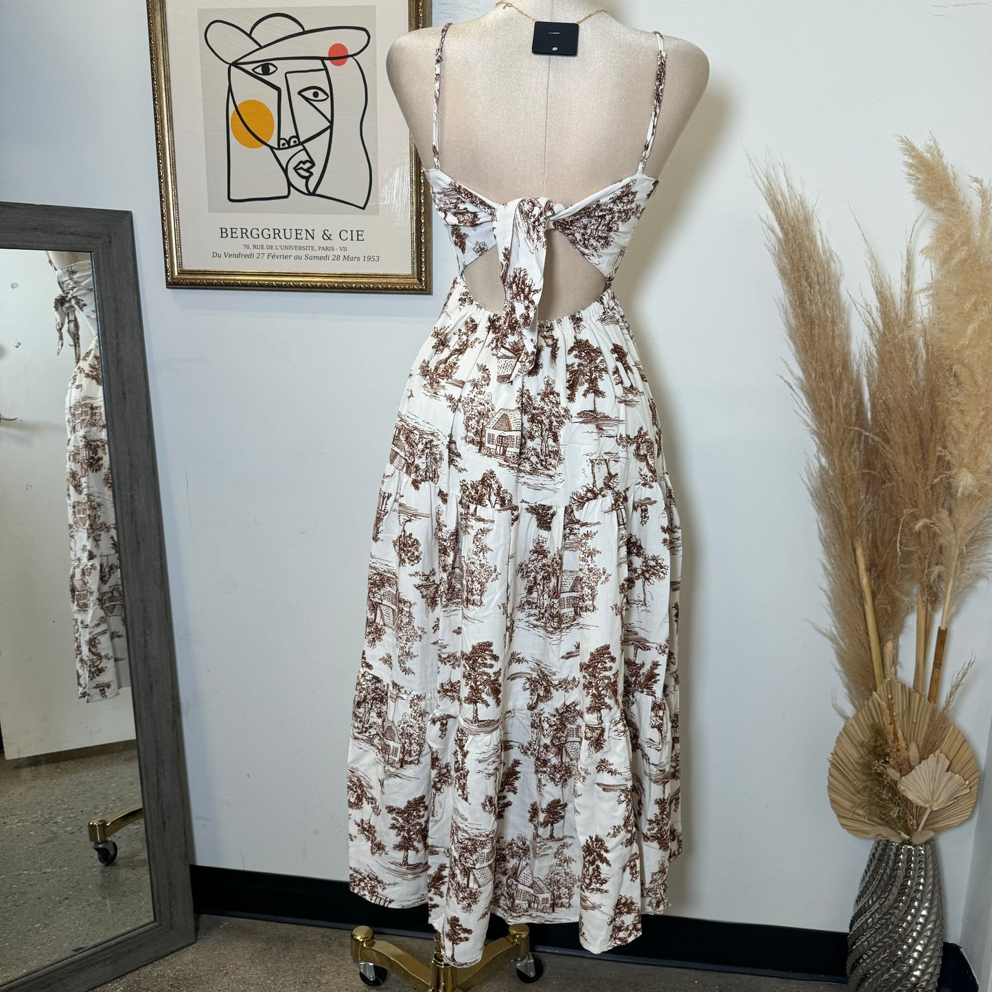 Summer Dress Open Back-White/Brown