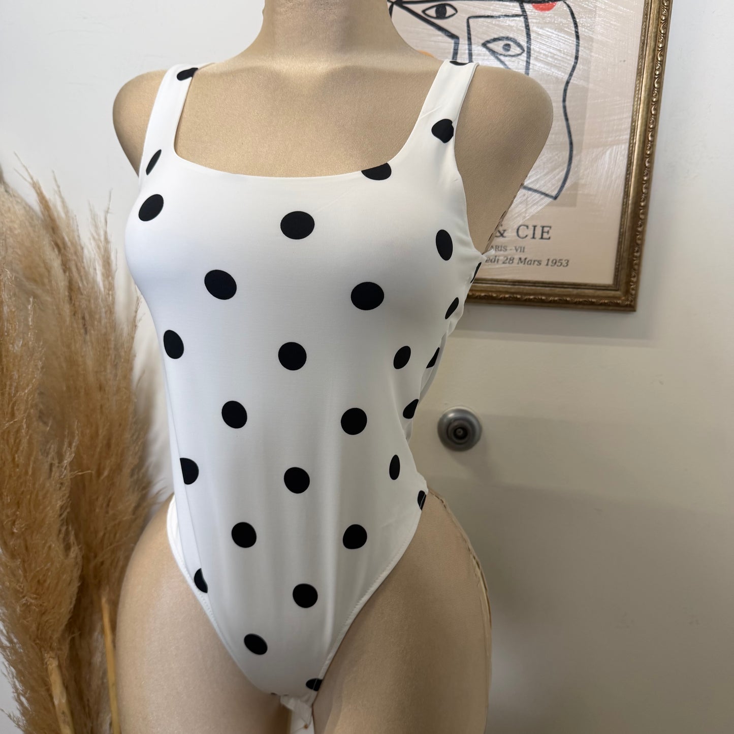 Square neck Polka Dot Bodysuit-White