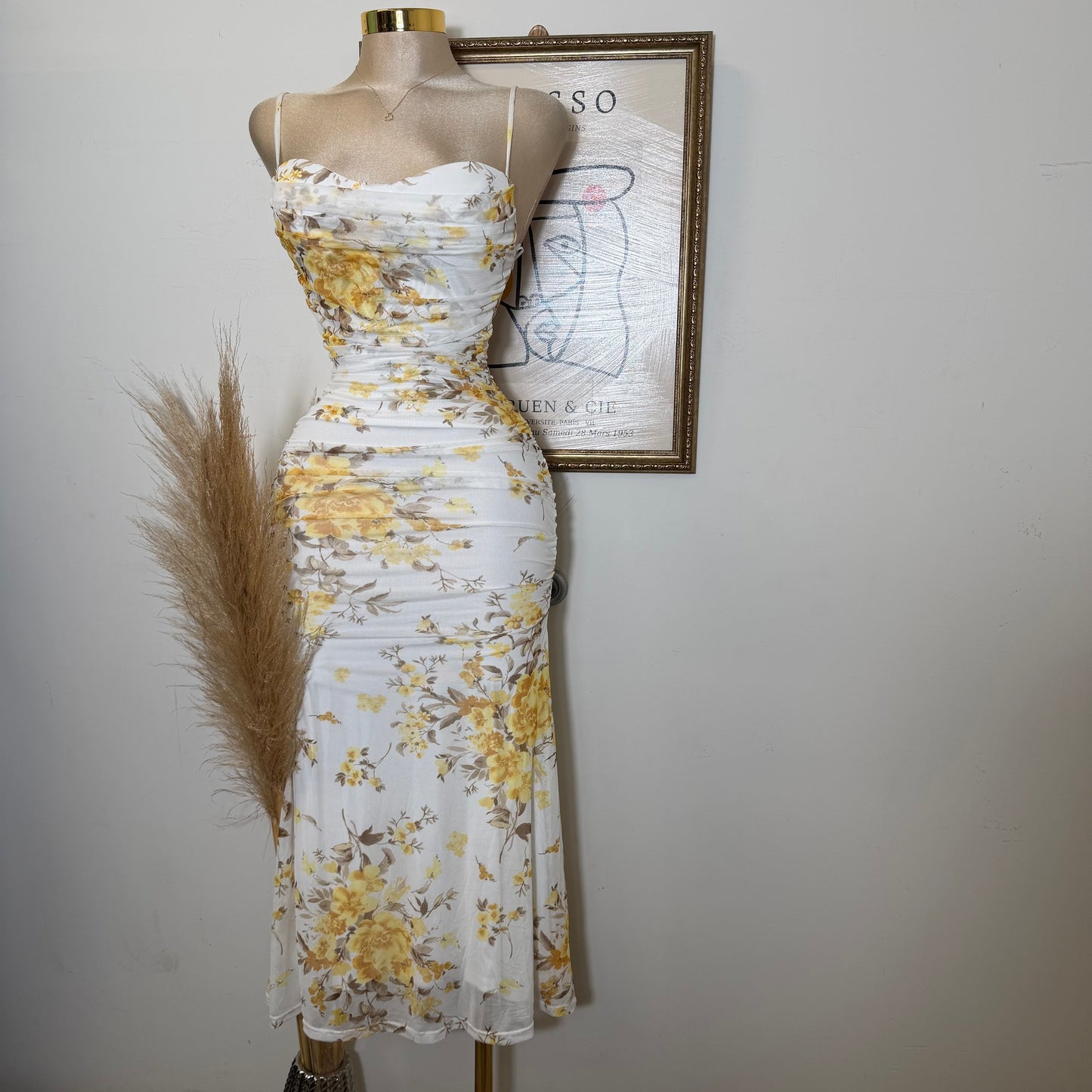 Mesh Print Midi Dress-Yellow Floral