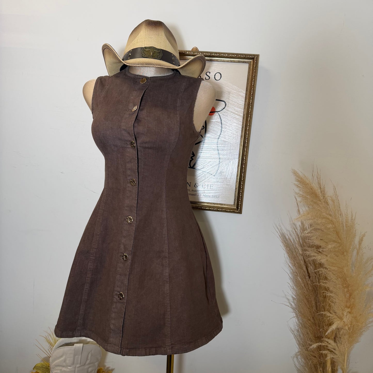 Sleeveless Denim Mini Dress -Brown