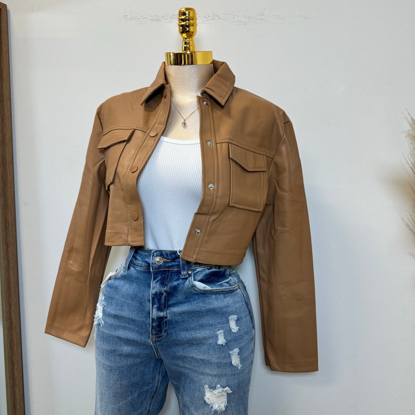 Lulú PU Leather Cropped Jacket -Brown