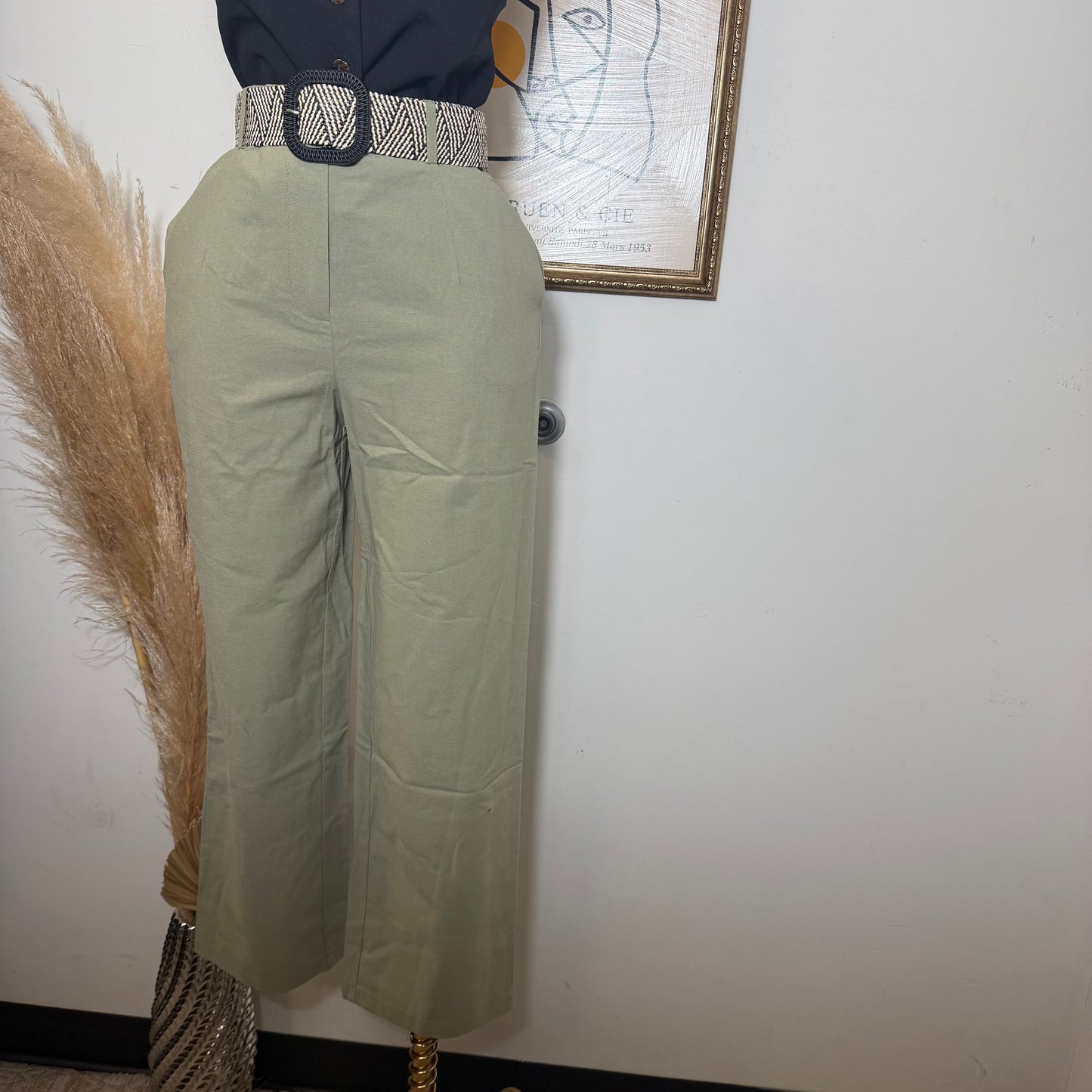Linen Tribal Pattern Belt Wide Leg Pants-Sage