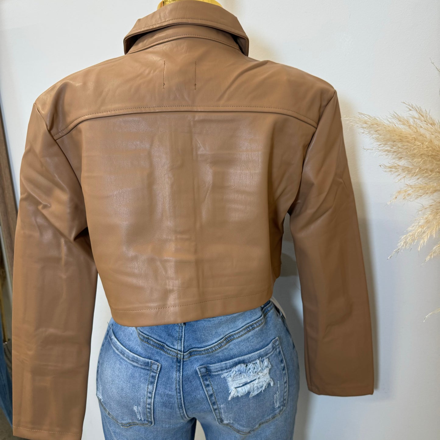 Lulú PU Leather Cropped Jacket -Brown